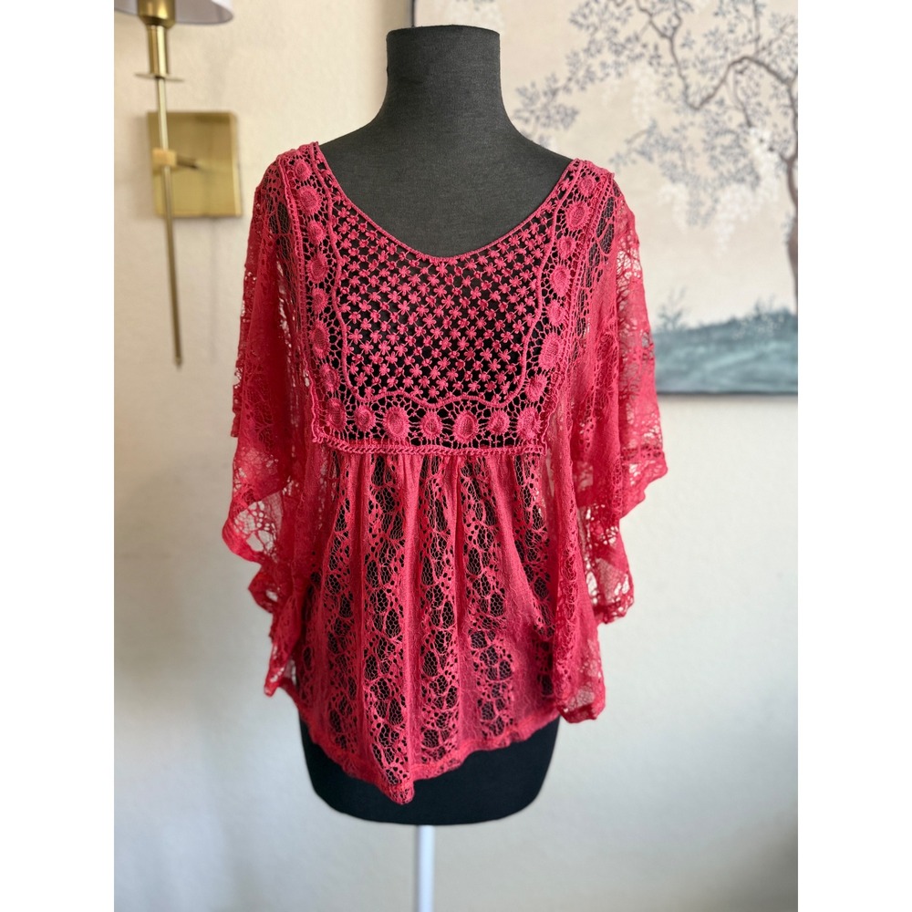 Libian Women Pink Lace Crochet Bib Poncho Top Sheer Boho Butterfly Sleeve Blouse